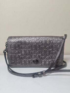 Coach 1941 Signature Leather  Dinky Crossbody Purse Graphite Metalic